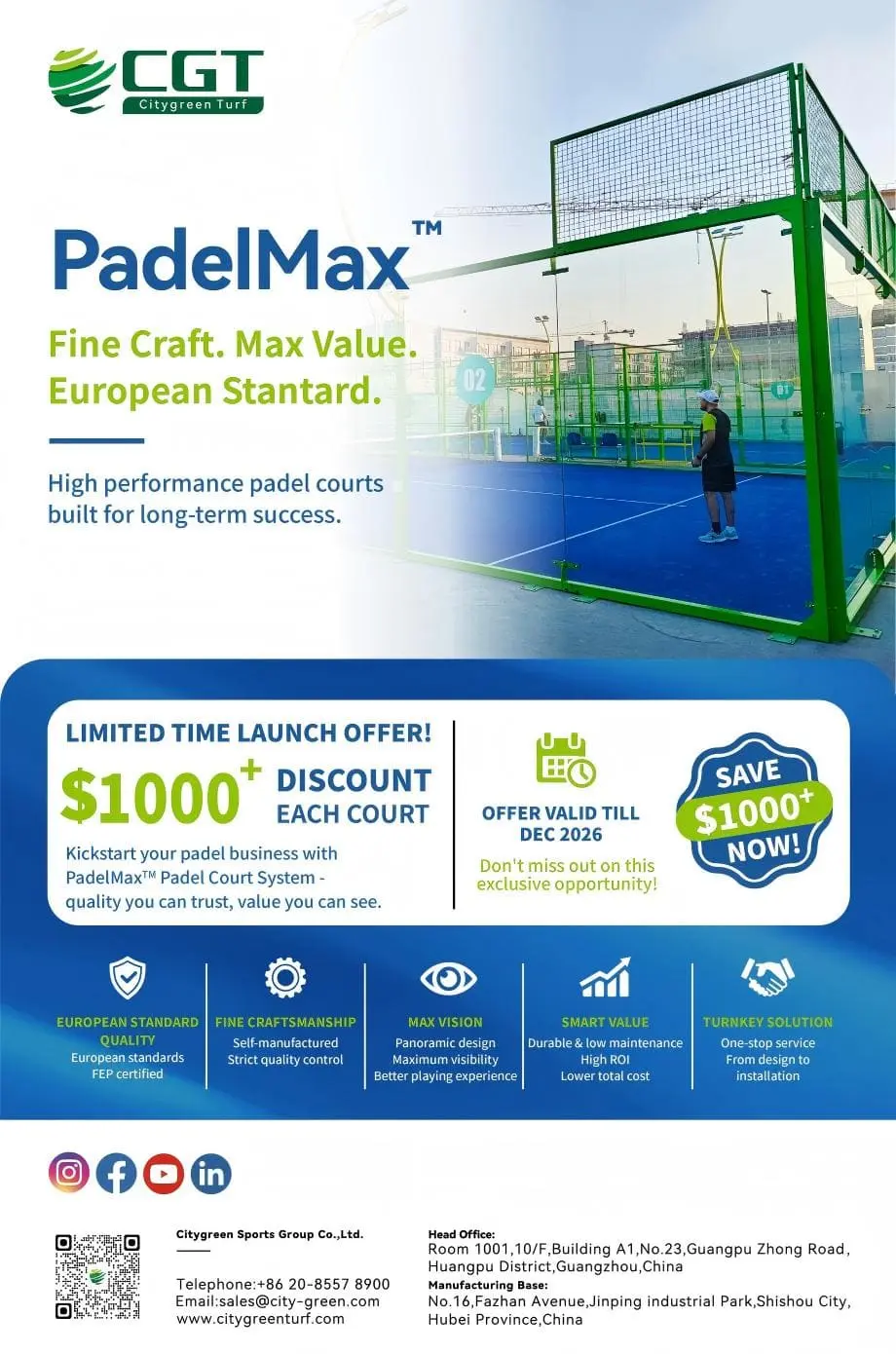 Специальное предложение в честь запуска панорамных кортов для падела PadelMax: скидка 1000 долларов на каждый подходящий корт.
