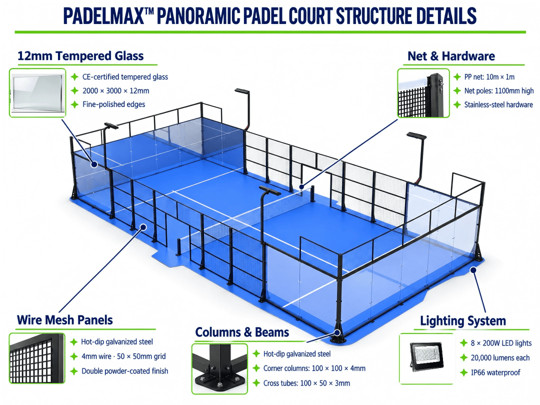 Панорамная конструкция корта для падела PadelMax из оцинкованной стали и закаленного стекла.